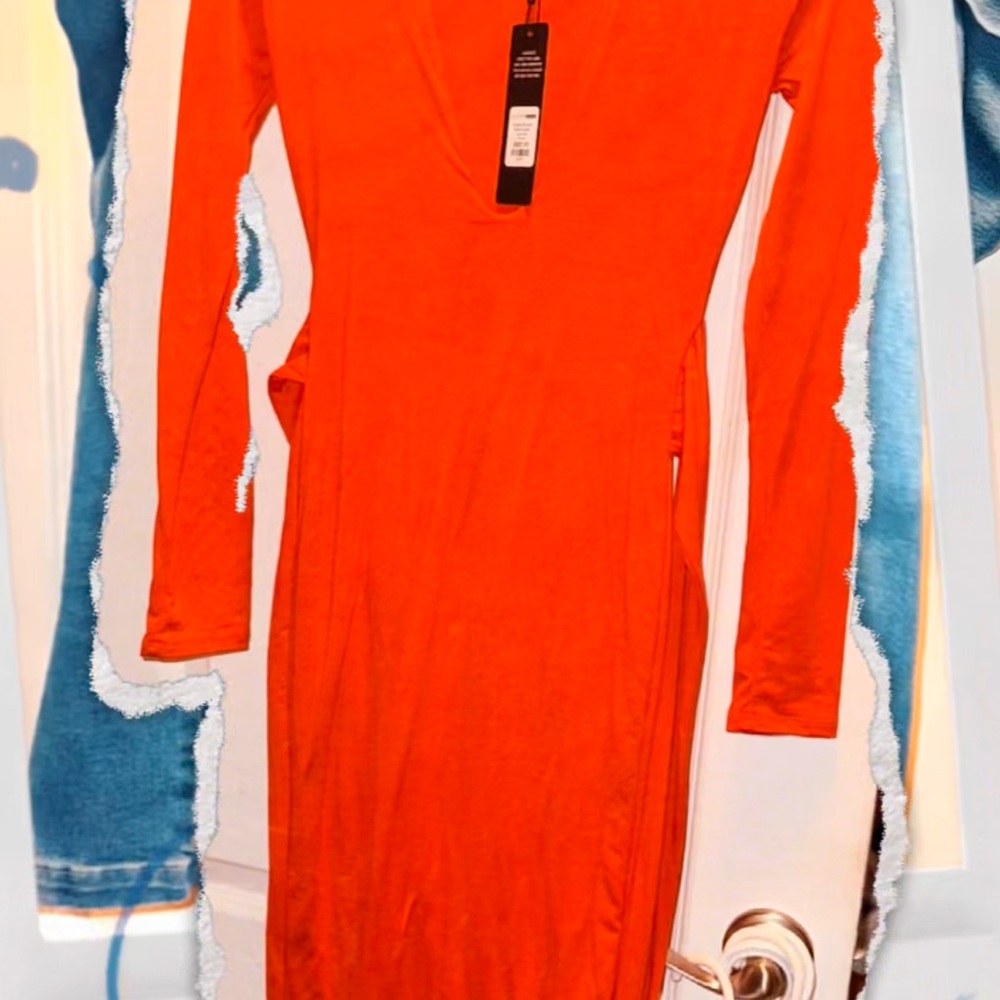 Fashion Nova Orange V-Neck Bodycon Dress